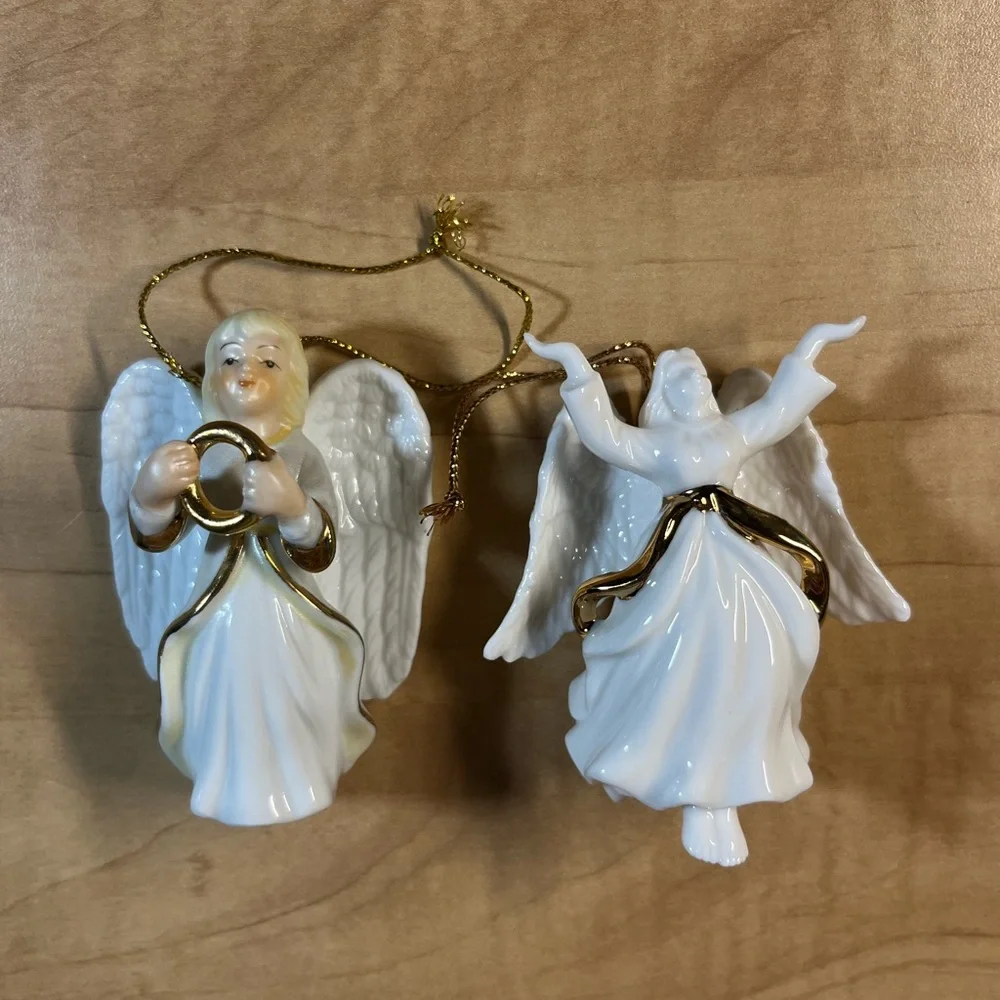 2 Ceramic White Gold Christmas Angel Ornaments